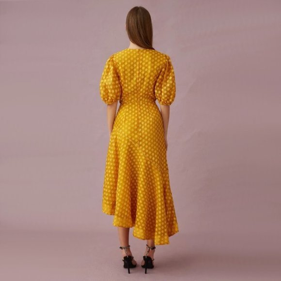 NWOT Keepsake mustard dot print ruched midi dress - Picture 4 of 7